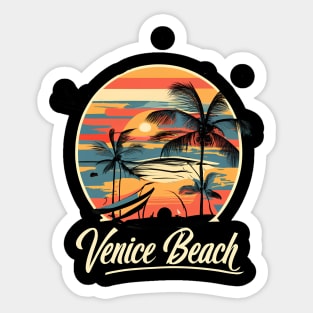 Venice Beach Sunset Background with Ilustration Retro Style Sticker